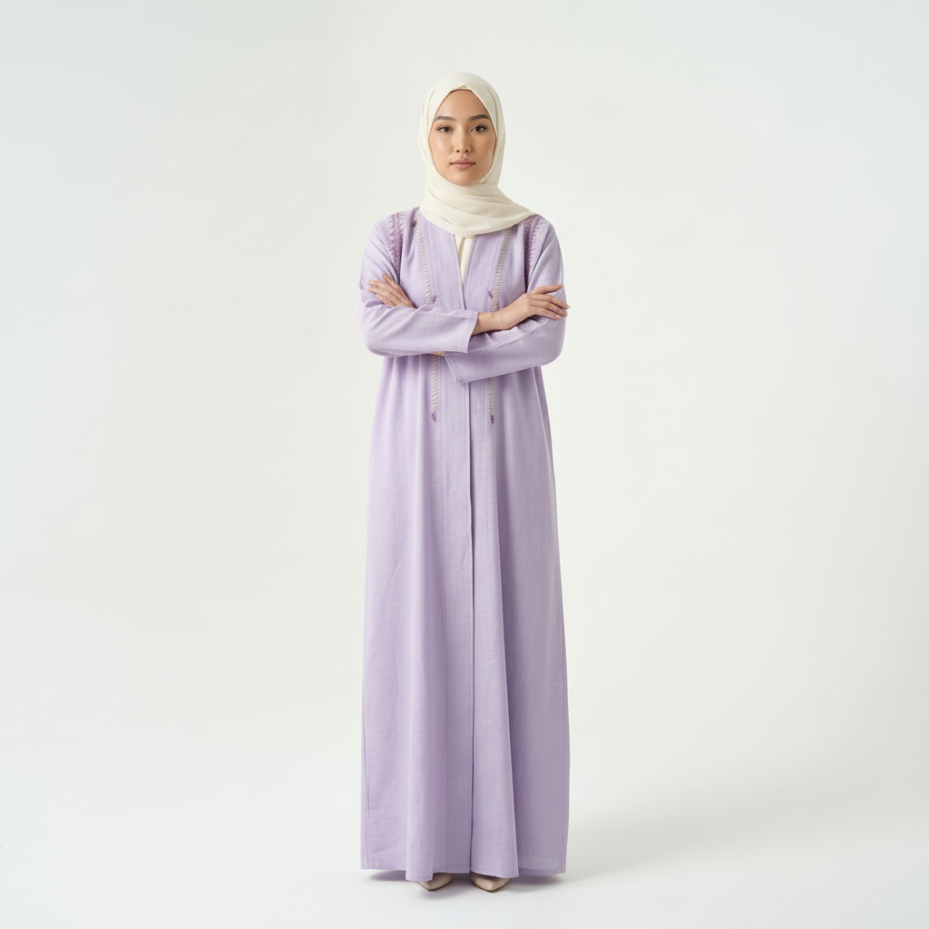 Purple linen thread-embroidered abaya with cream hijab, full-length front view (arms crossed).