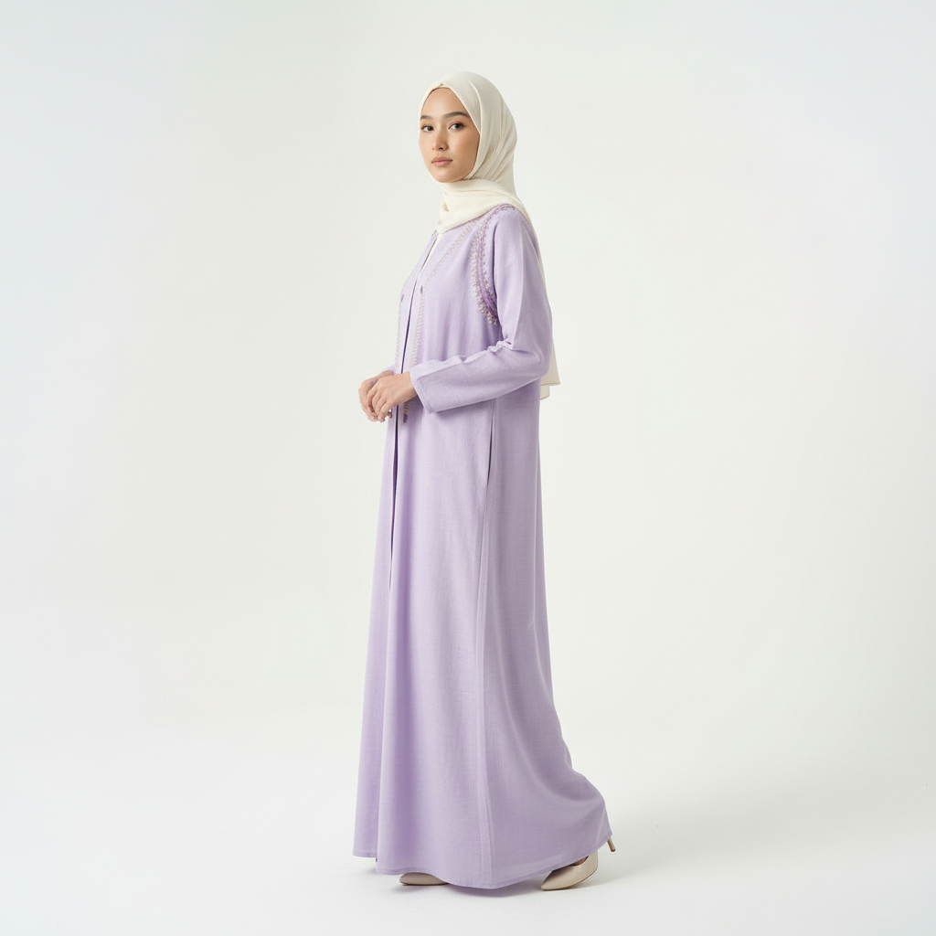 Purple linen thread-embroidered abaya with cream hijab, full-length side profile view.