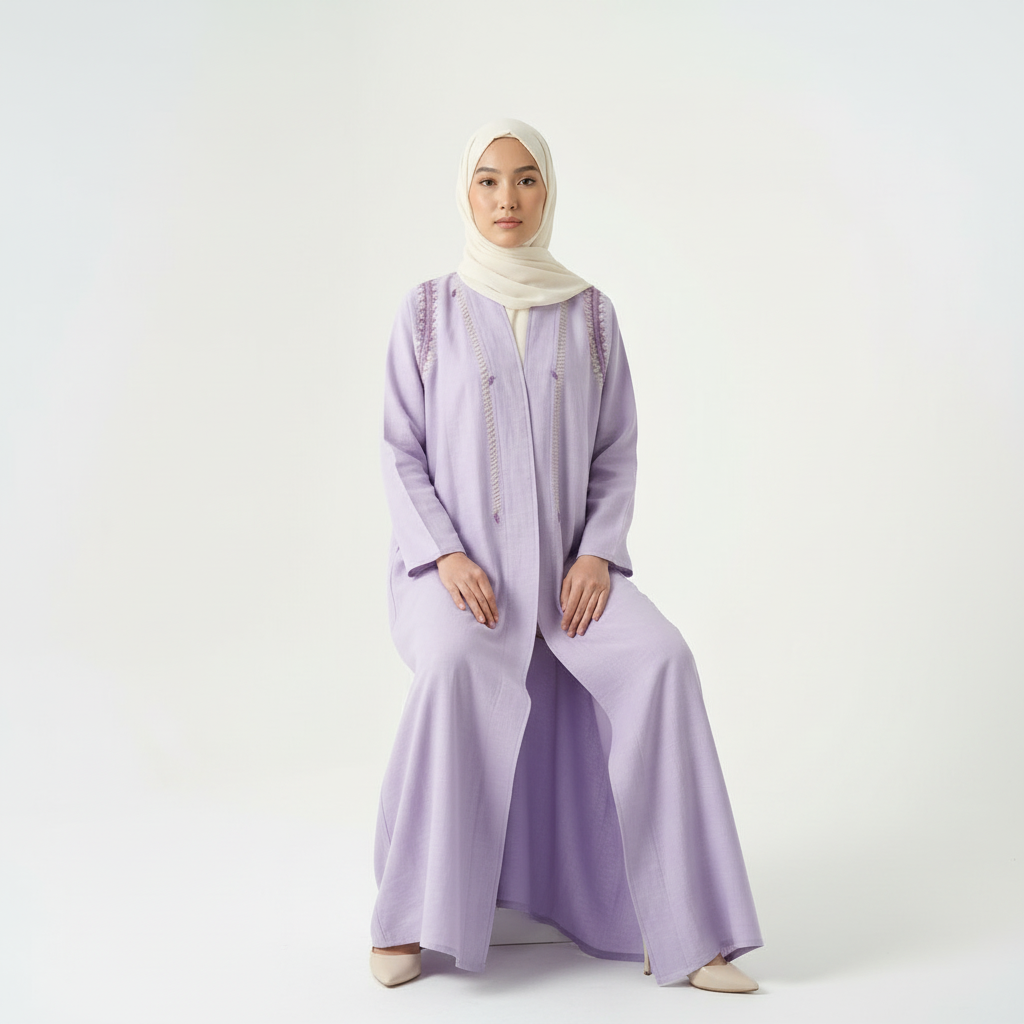 Purple linen thread-embroidered abaya with cream hijab, seated front view (hands resting).