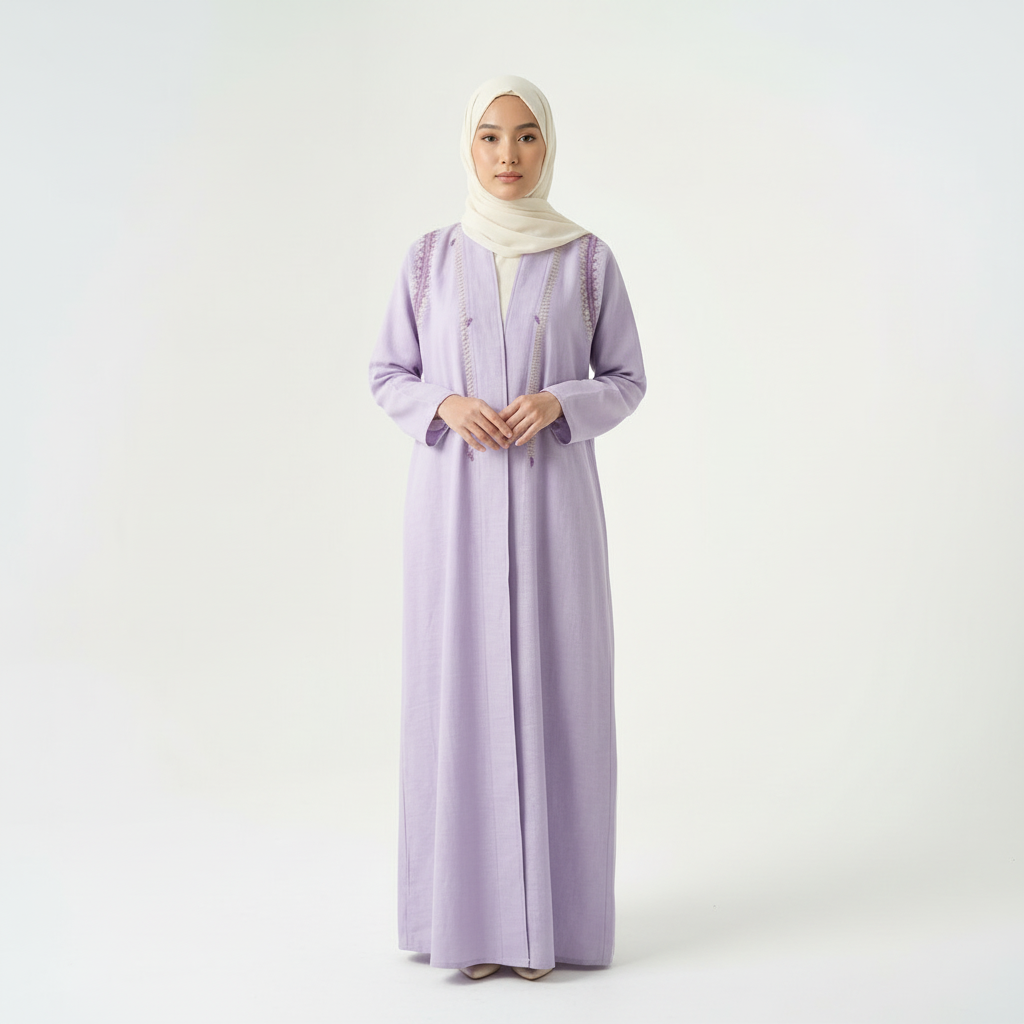 Purple linen thread-embroidered abaya with cream hijab, full-length front view (hands clasped).