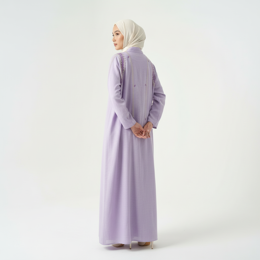 Purple linen thread-embroidered abaya with cream hijab, full-length back view.