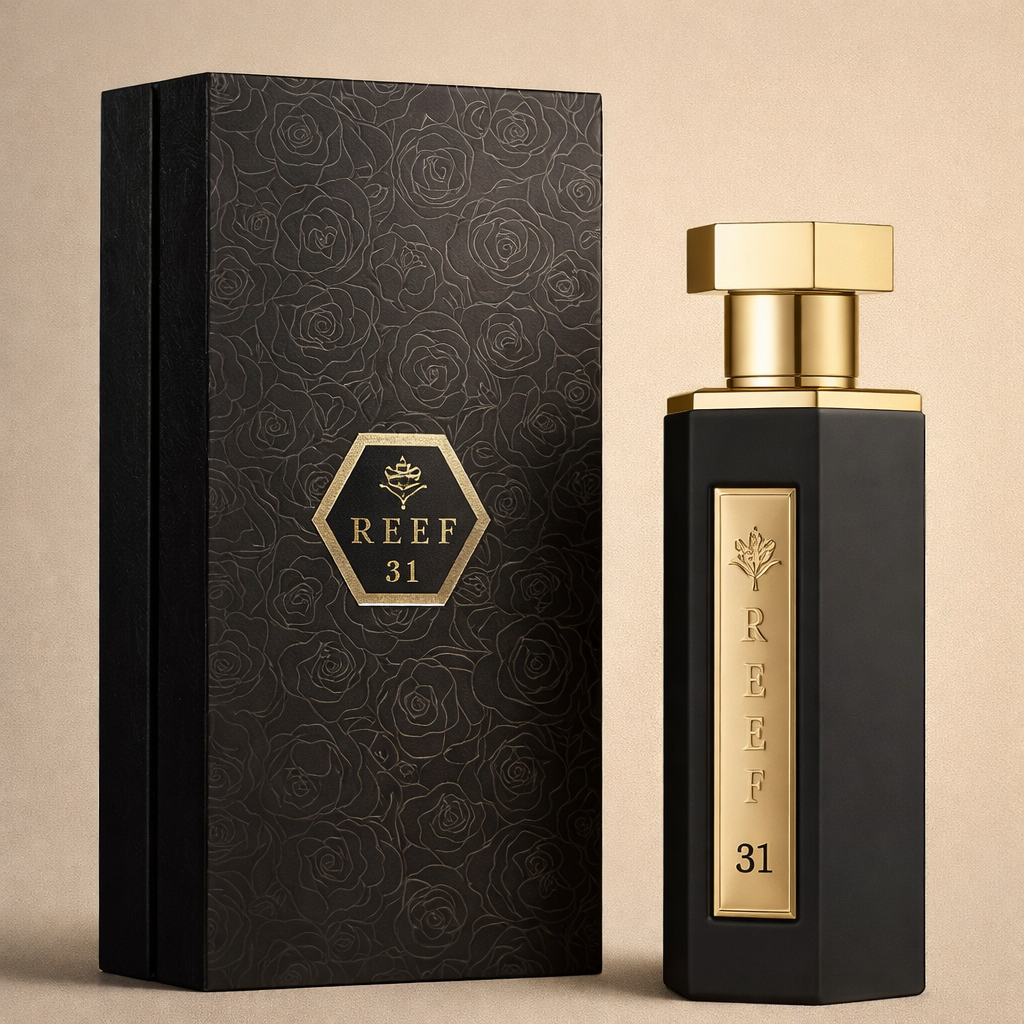 Reef 31 perfume 100ml bottle with luxury black box and gold detailing.