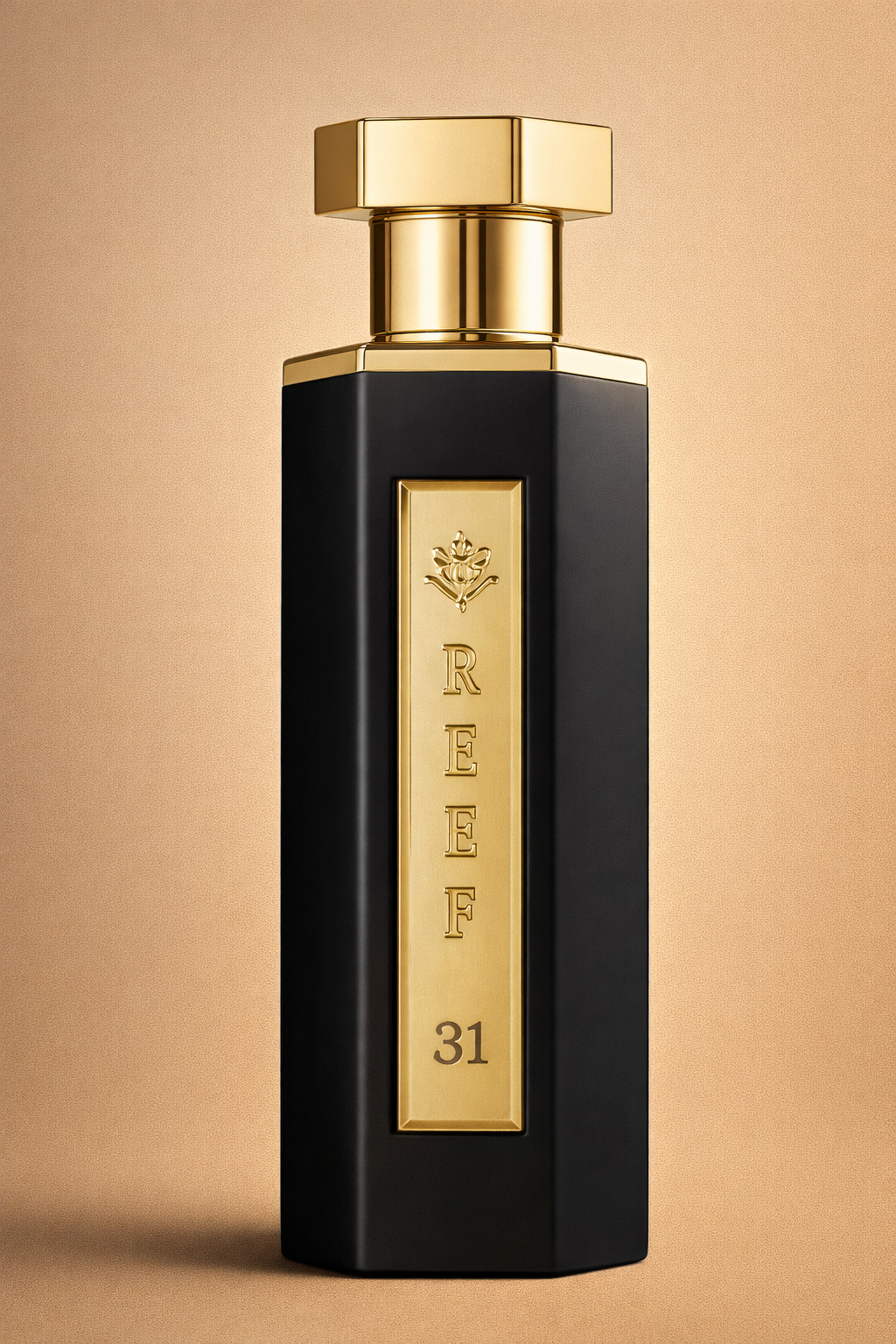 Reef 31 perfume bottle front view black and gold luxury fragrance design.