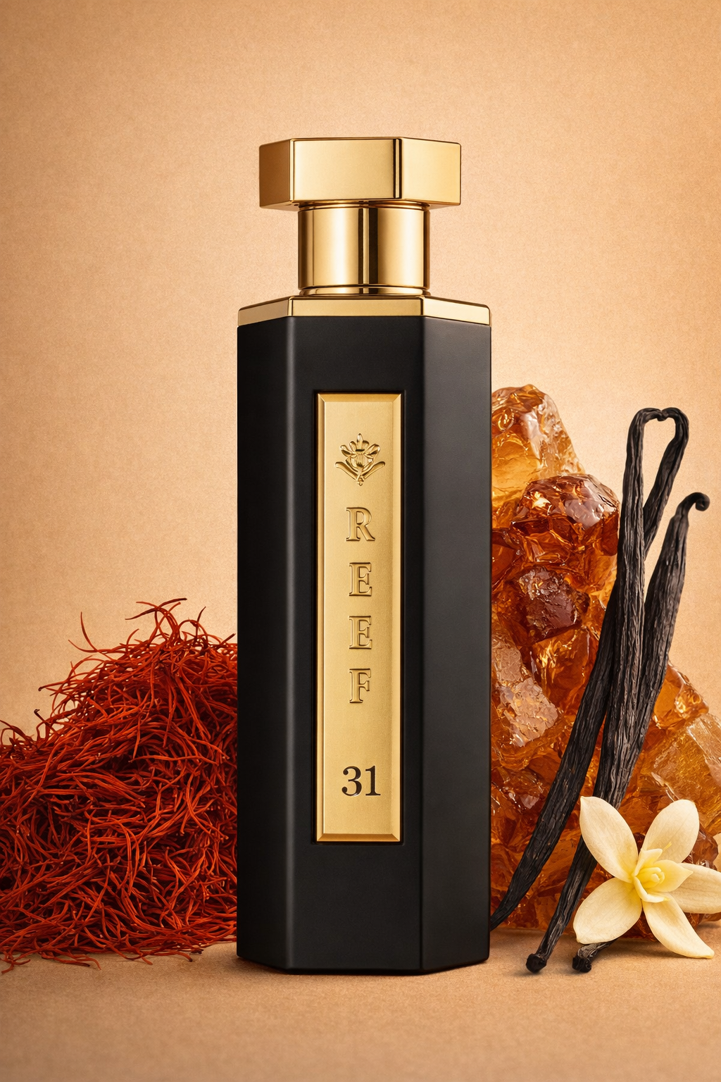 Reef 31 perfume with saffron amber and vanilla ingredients arranged around bottle.