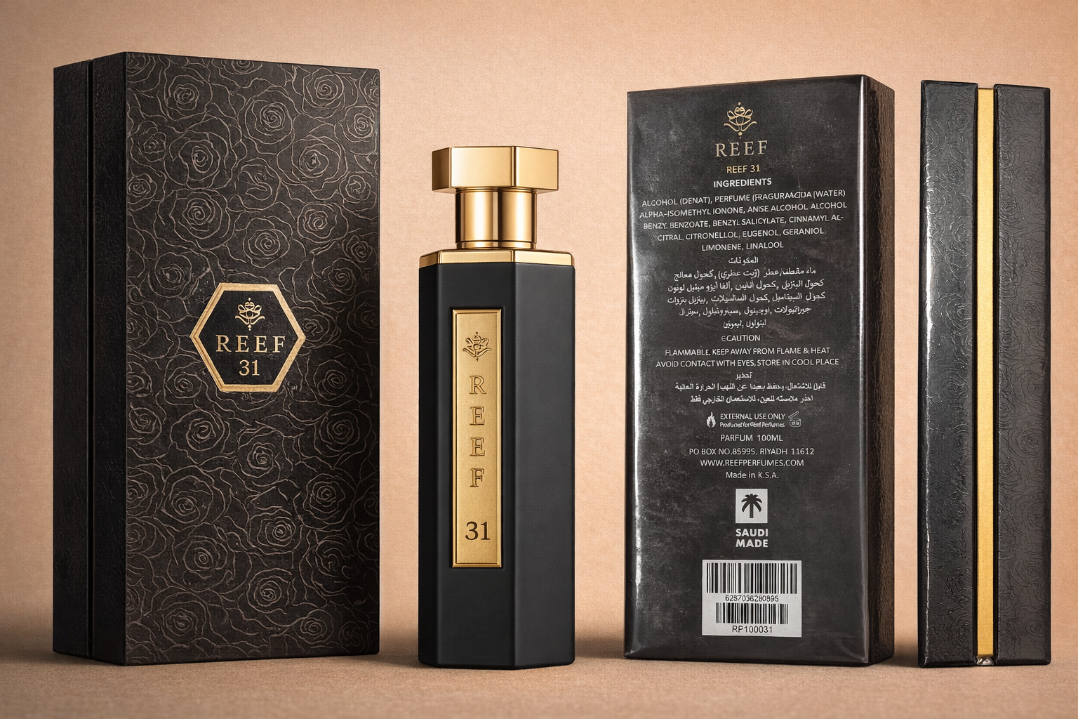 Reef 31 perfume packaging showing front back and side box details luxury design.