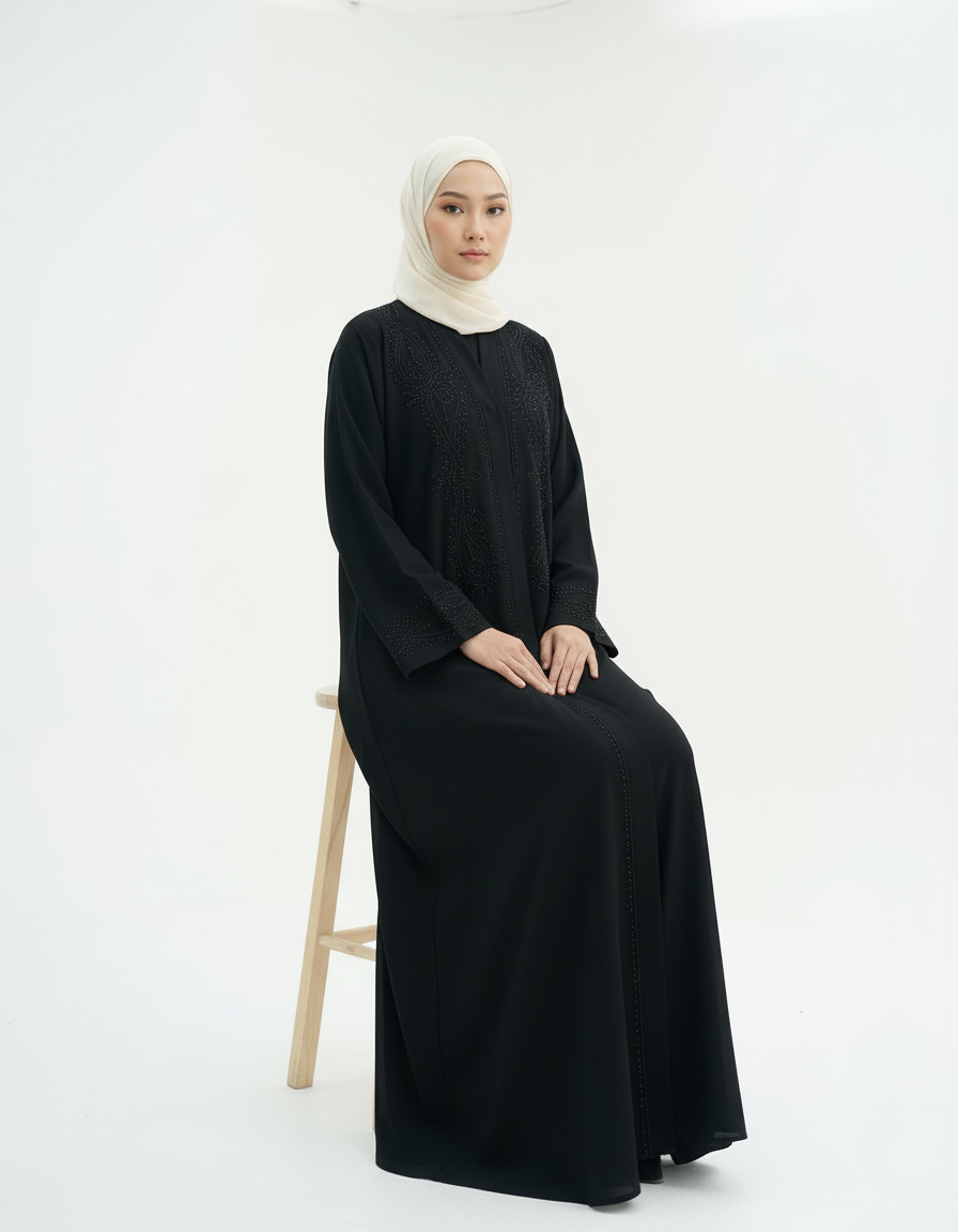 Full-length front view of a black abaya on a model wearing a cream hijab, studio white background.