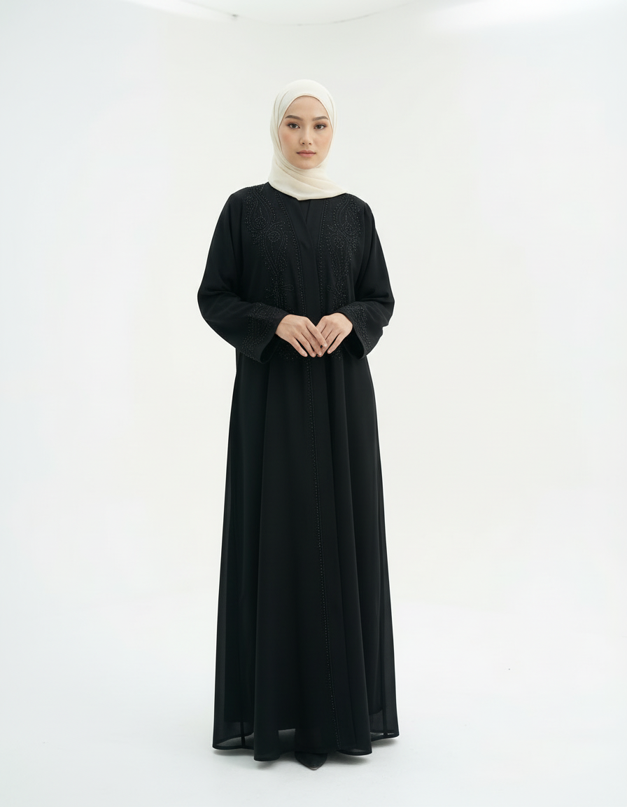 Full-length front view with hands clasped, black abaya and cream hijab, studio white background.