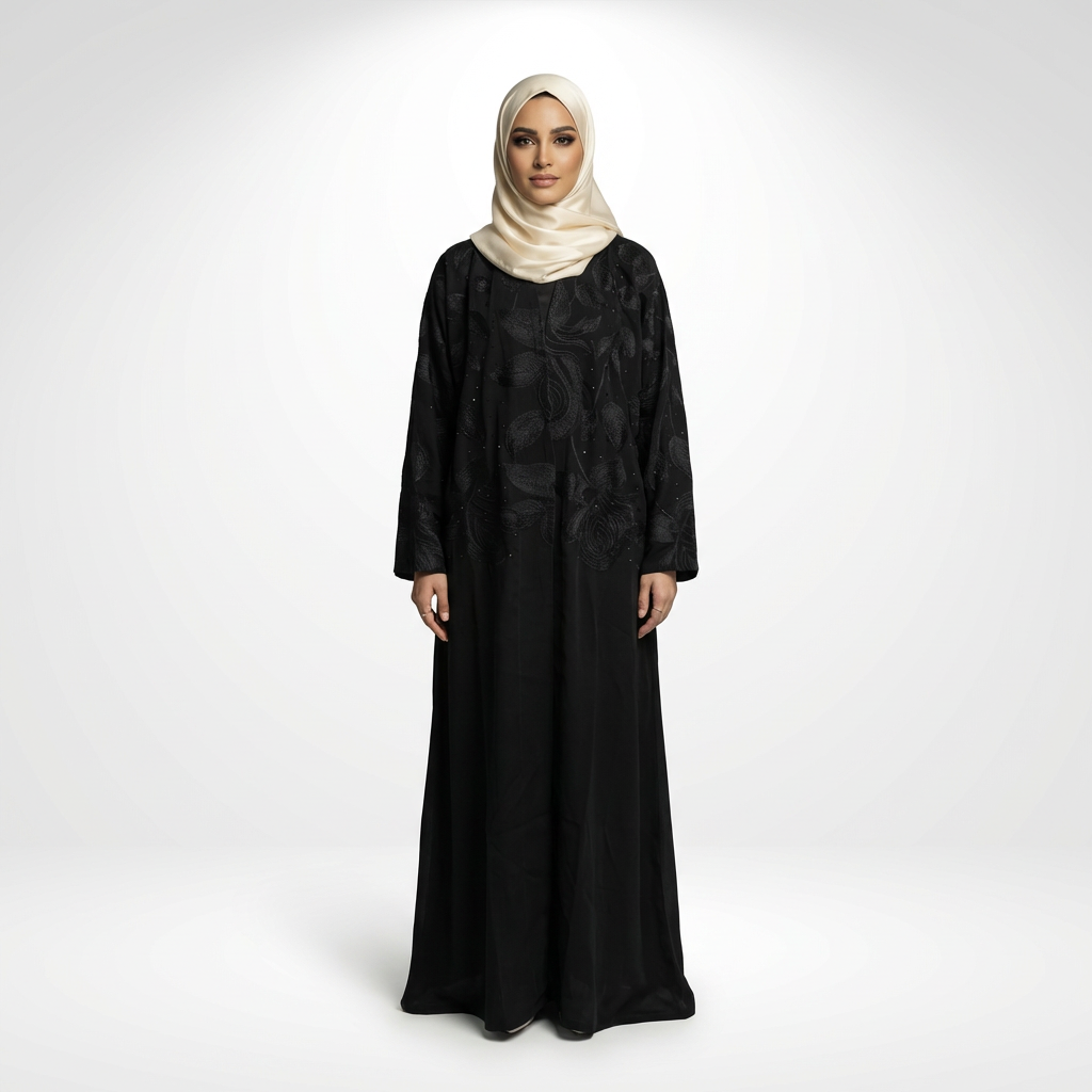 Layla Sudairi embroidered black abaya with crystal accents across the bodice and sleeves, full-length front view on model with cream hijab.