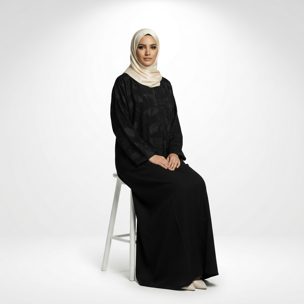 Layla Sudairi embroidered black abaya with crystal accents, seated full-length view showing relaxed drape and sleeve detail, model in cream hijab.