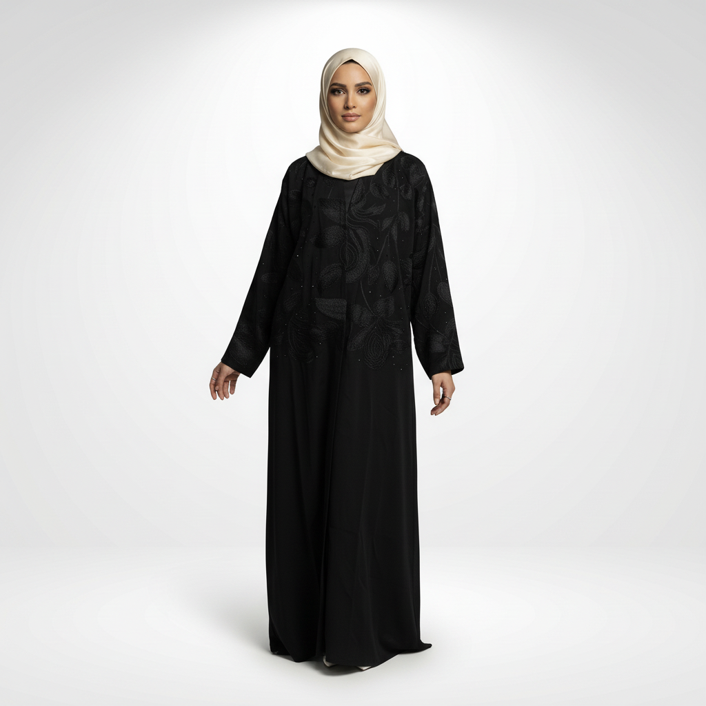 Layla Sudairi embroidered black abaya with crystal accents, front view with arms slightly out to show flow and sleeve shape, model in cream hijab.