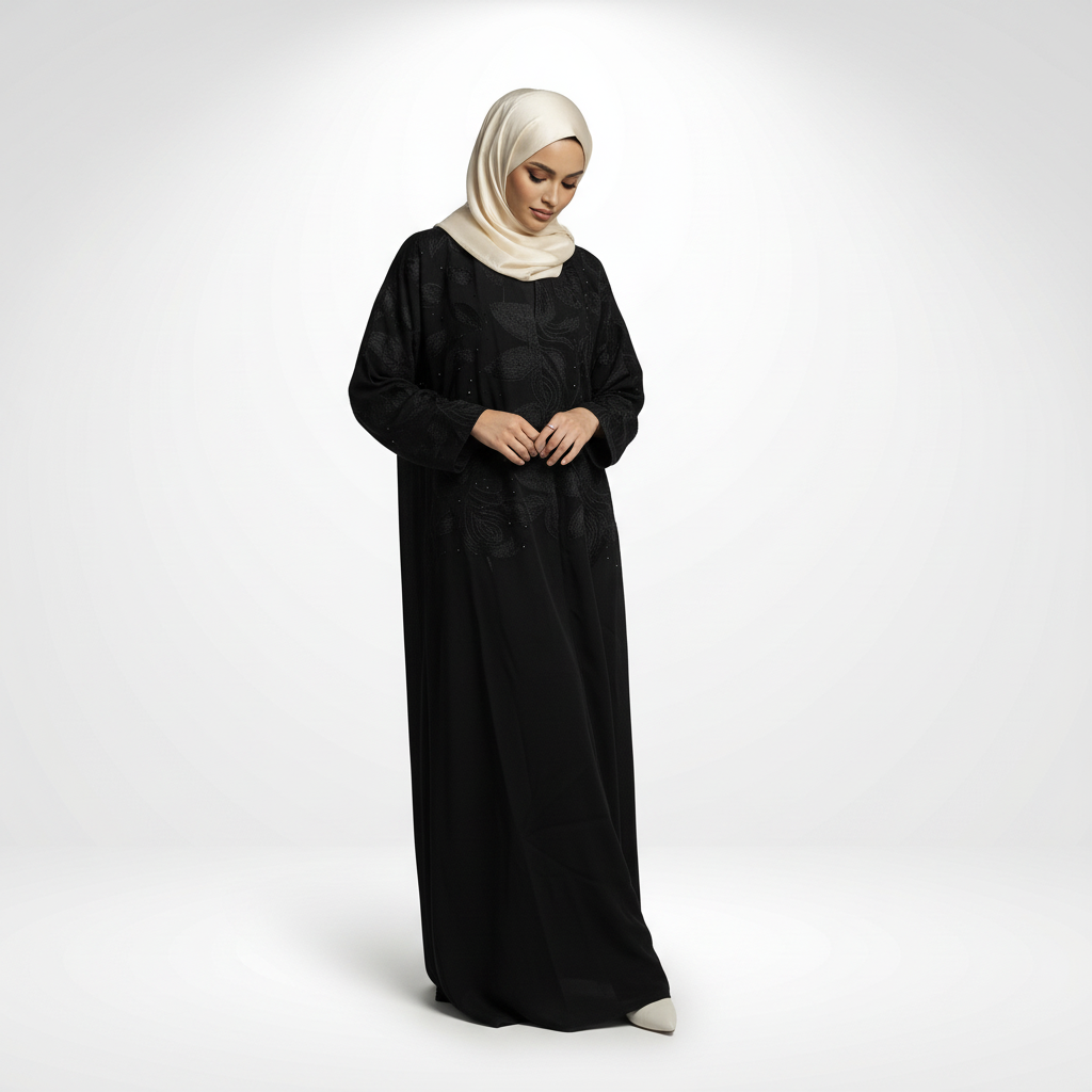 ayla Sudairi embroidered black abaya with crystal accents, front view with hands near waist and head slightly lowered, model in cream hijab.