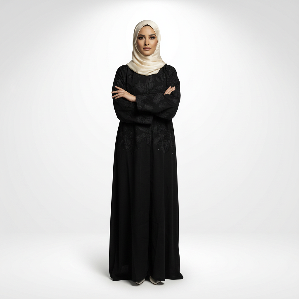 Layla Sudairi embroidered black abaya with crystal accents, full-length front view with arms crossed, model in cream hijab.