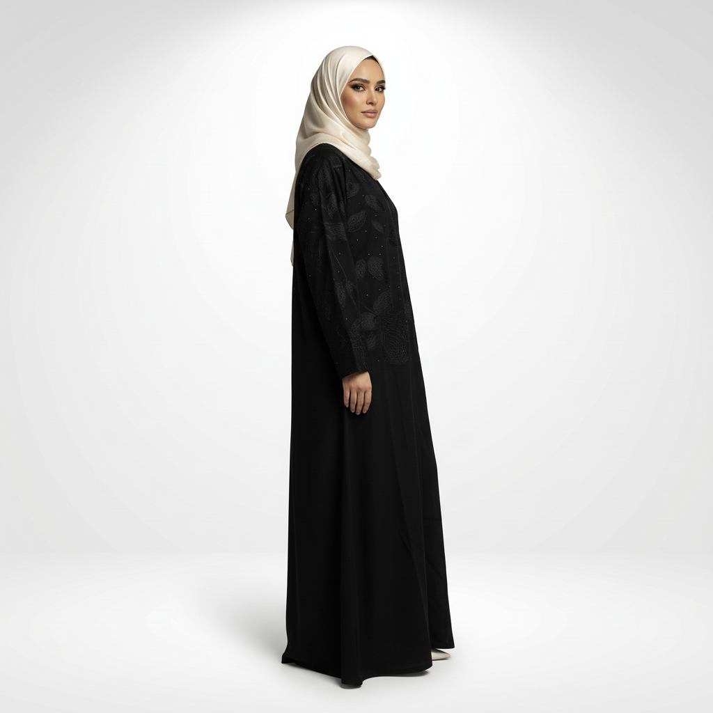 Layla Sudairi embroidered black abaya with crystal accents, side profile view highlighting silhouette and sleeve detailing, model in cream hijab.