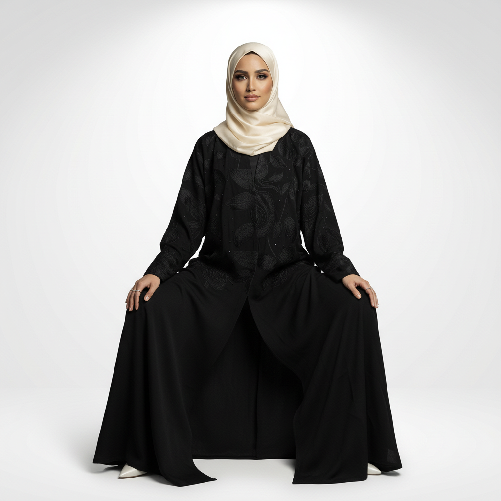 Layla Sudairi embroidered black abaya with crystal accents, seated wide-drape view showing fabric volume and embroidery texture, model in cream hijab.