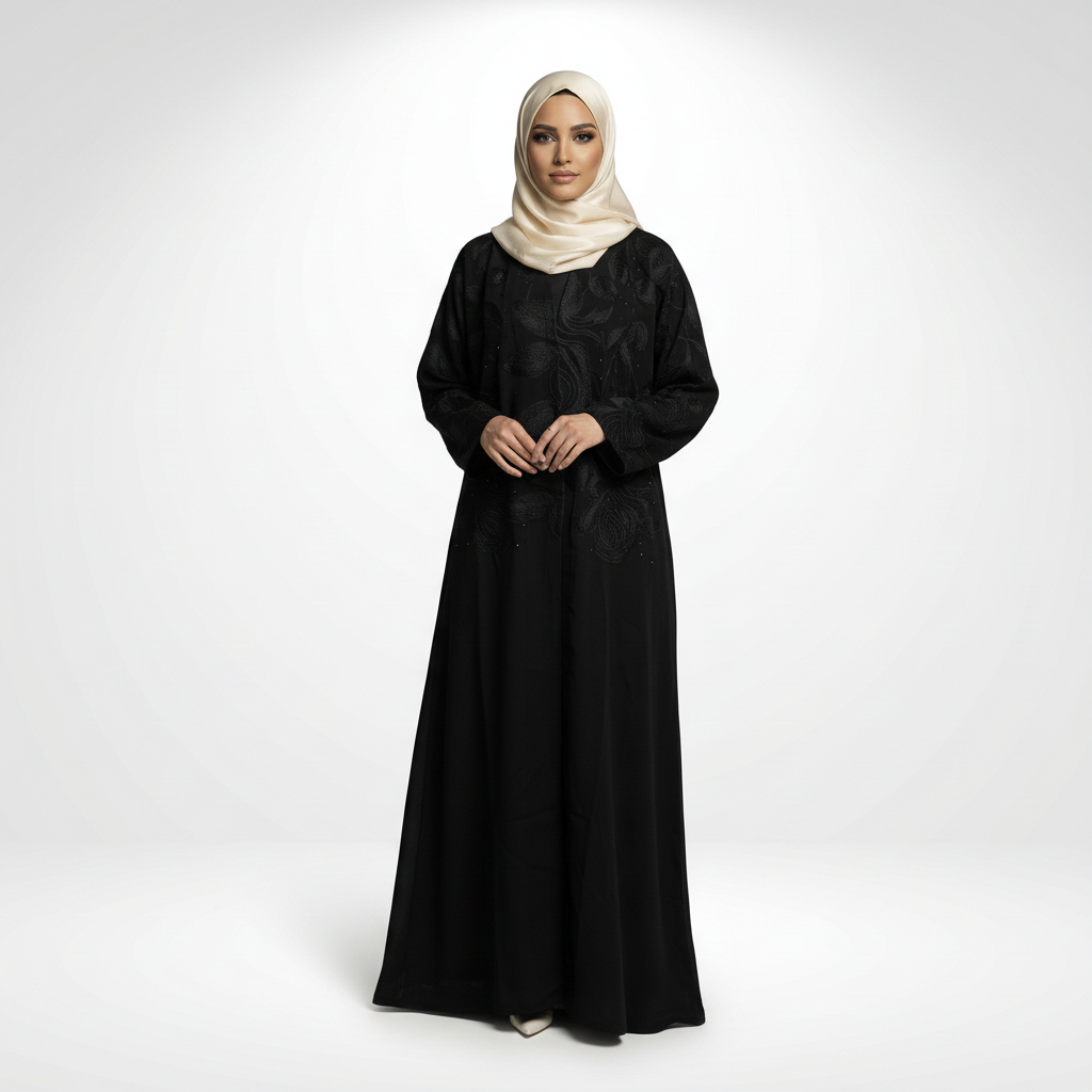 Layla Sudairi embroidered black abaya with crystal accents, full-length front view with hands clasped, model in cream hijab.