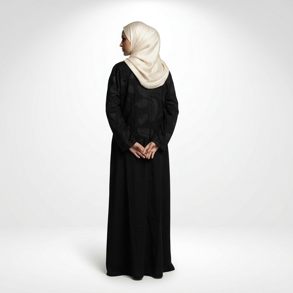 Layla Sudairi embroidered black abaya with crystal accents, full-length back view showing back drape and embroidery placement, model in cream hijab.