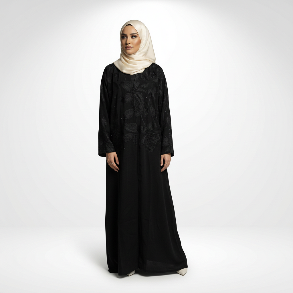Layla Sudairi embroidered black abaya with crystal accents, front three-quarter view showing embroidery texture across the upper half, model in cream hijab.