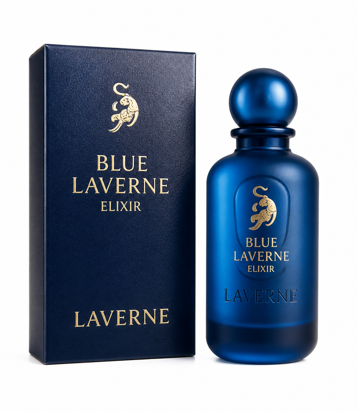 Blue Laverne Elixir men’s perfume 100ml bottle and box packaging by Laverne on a clean white background.