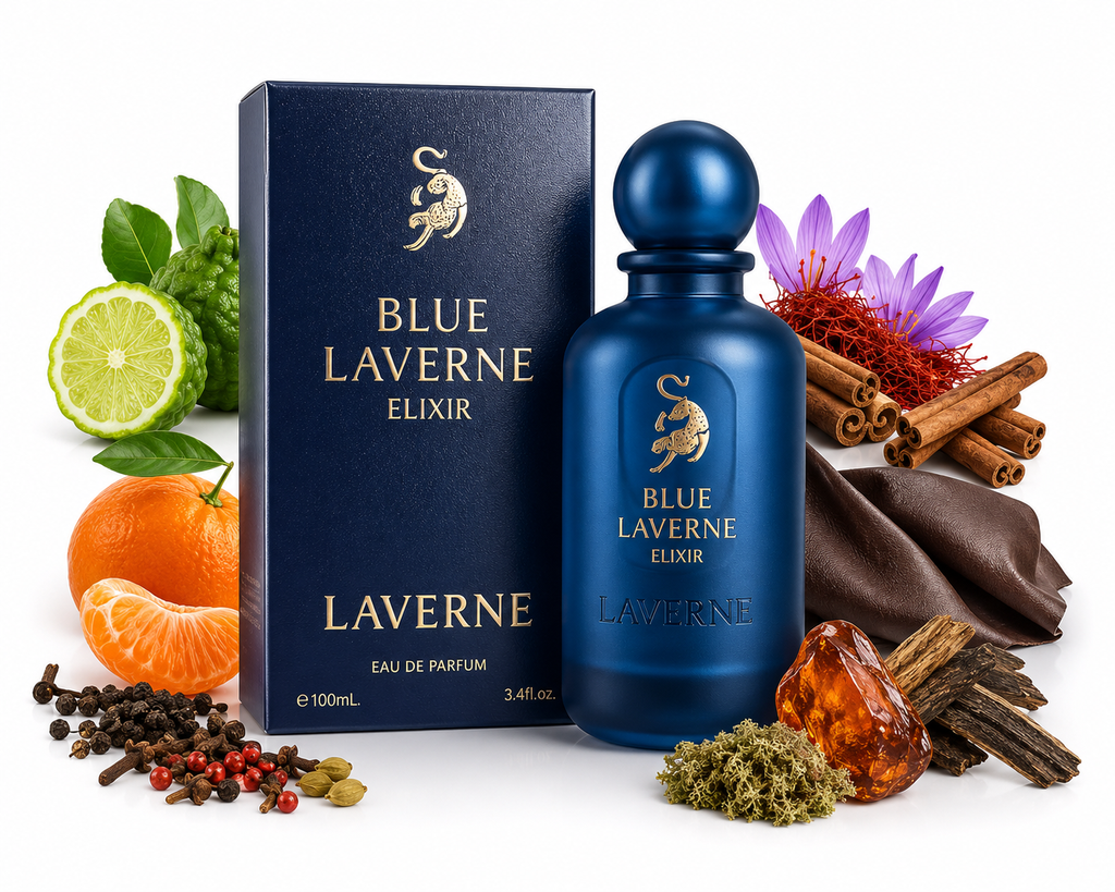 Blue Laverne Elixir men’s perfume 100ml bottle and box with bergamot, mandarin, spices, leather, cinnamon and woods on a white background.