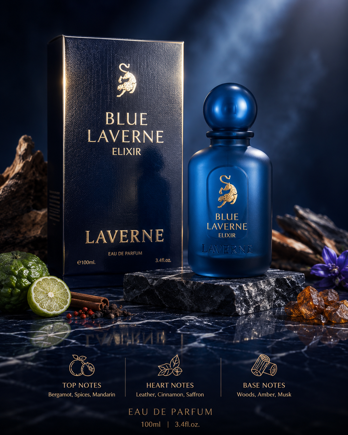 Blue Laverne Elixir men’s perfume 100ml with bergamot, citrus, woods, amber, spices and luxury dark fragrance background.