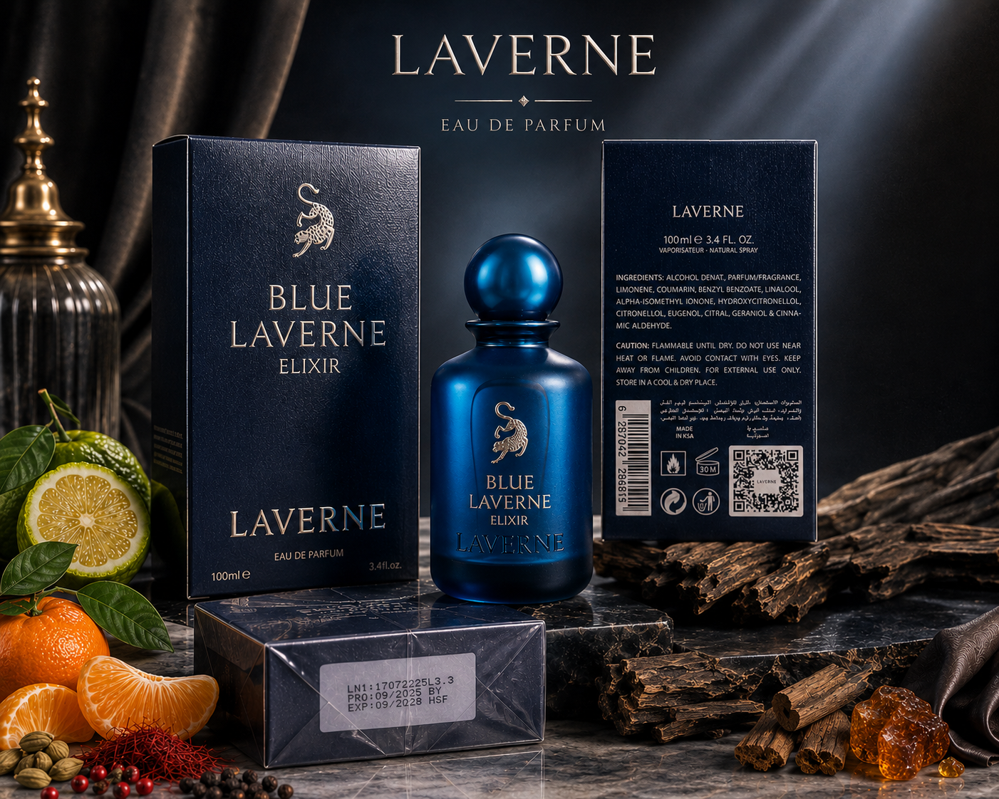 Blue Laverne Elixir men’s perfume full packaging presentation with bottle, front box, back box and luxury fragrance ingredients by Laverne.