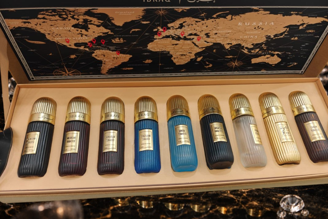 Ibraq Tobacco Collection perfume set 9 x 20ml luxury Arabian fragrance gift box open display UK