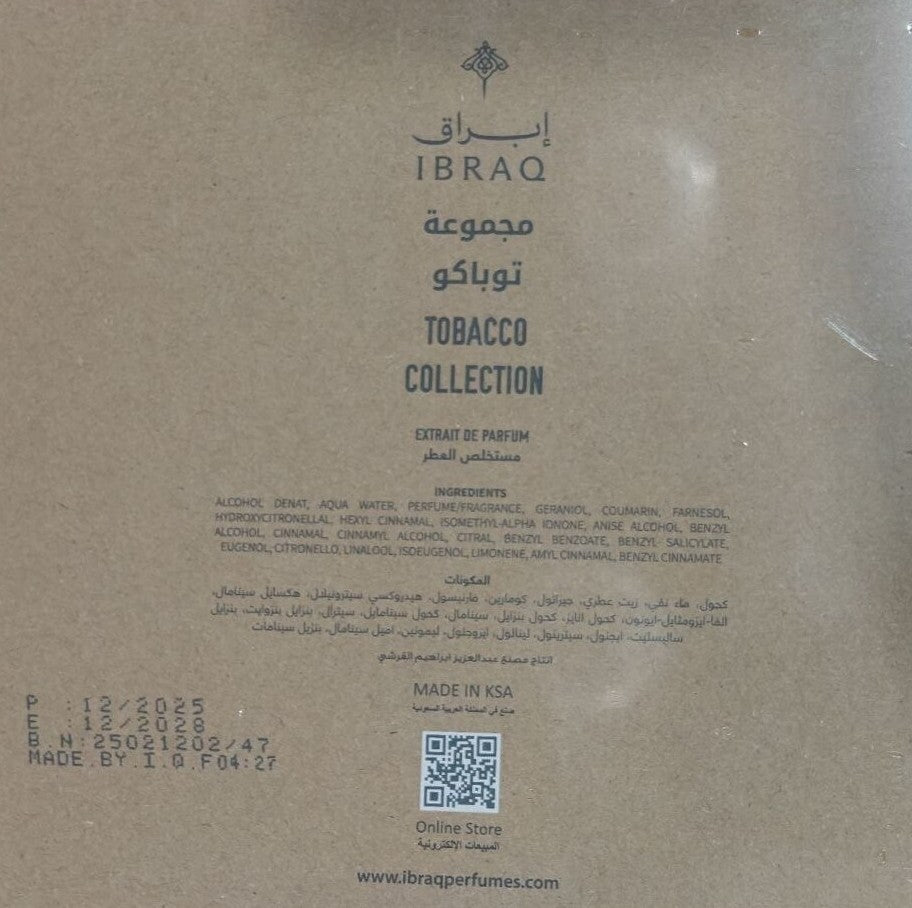 Ibraq Tobacco Collection perfume set packaging back details and product information