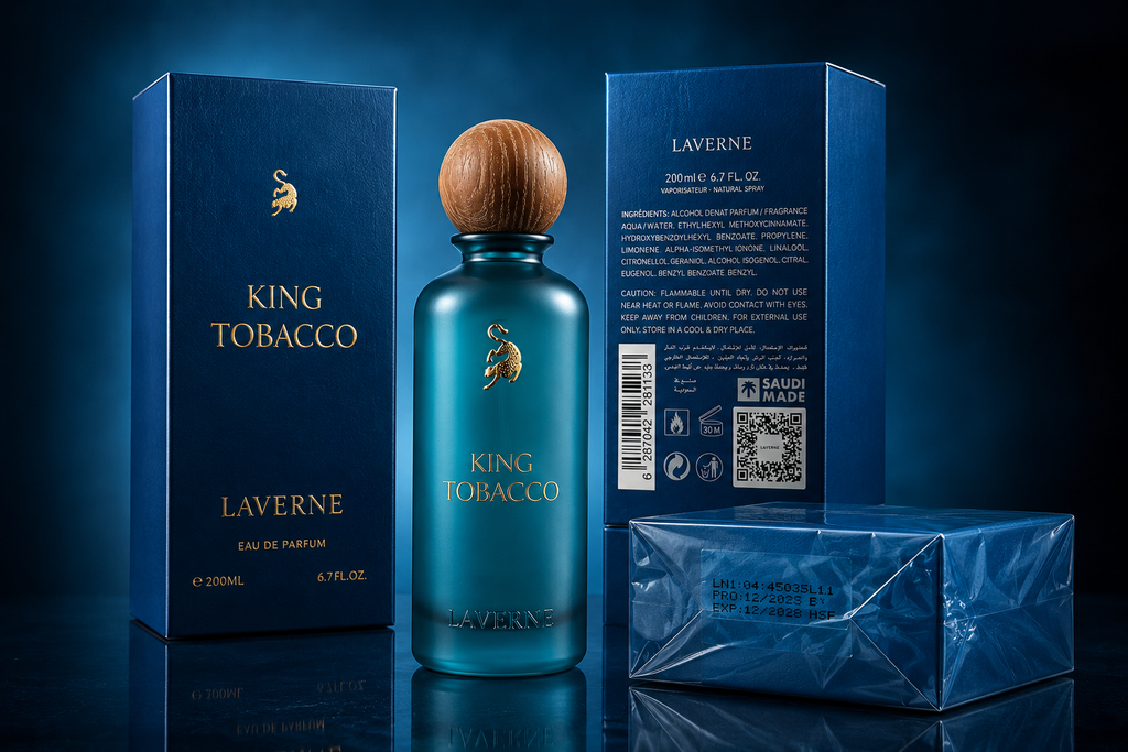 King Tobacco perfume by Laverne 200ml featuring the bottle, front packaging, back packaging and sealed base box displayed on a dark blue luxury background.
