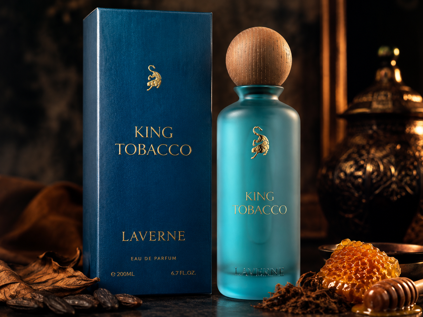 King Tobacco perfume by Laverne presented in a dark luxury Arabian-inspired setting with warm cinematic lighting and rich tobacco-themed styling.