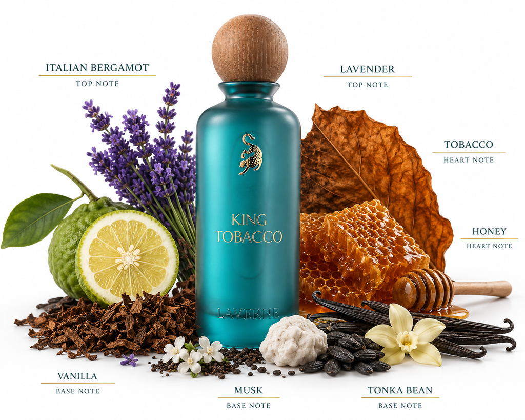 King Tobacco Eau de Parfum by Laverne surrounded by bergamot, lavender, tobacco leaves, honey, vanilla and tonka bean ingredients representing the fragrance notes.