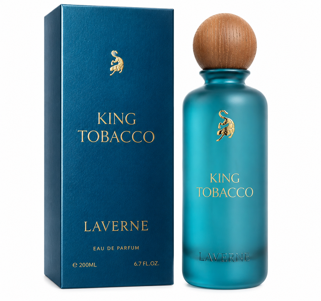 King Tobacco perfume by Laverne showing the turquoise fragrance bottle with wooden cap alongside the premium blue presentation box.