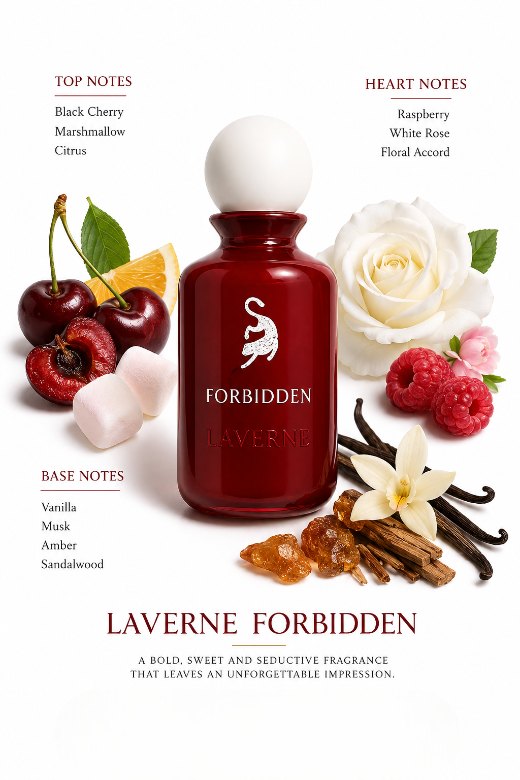 LaVerne Forbidden perfume fragrance notes featuring black cherry, marshmallow, vanilla and musk by MarySophora.