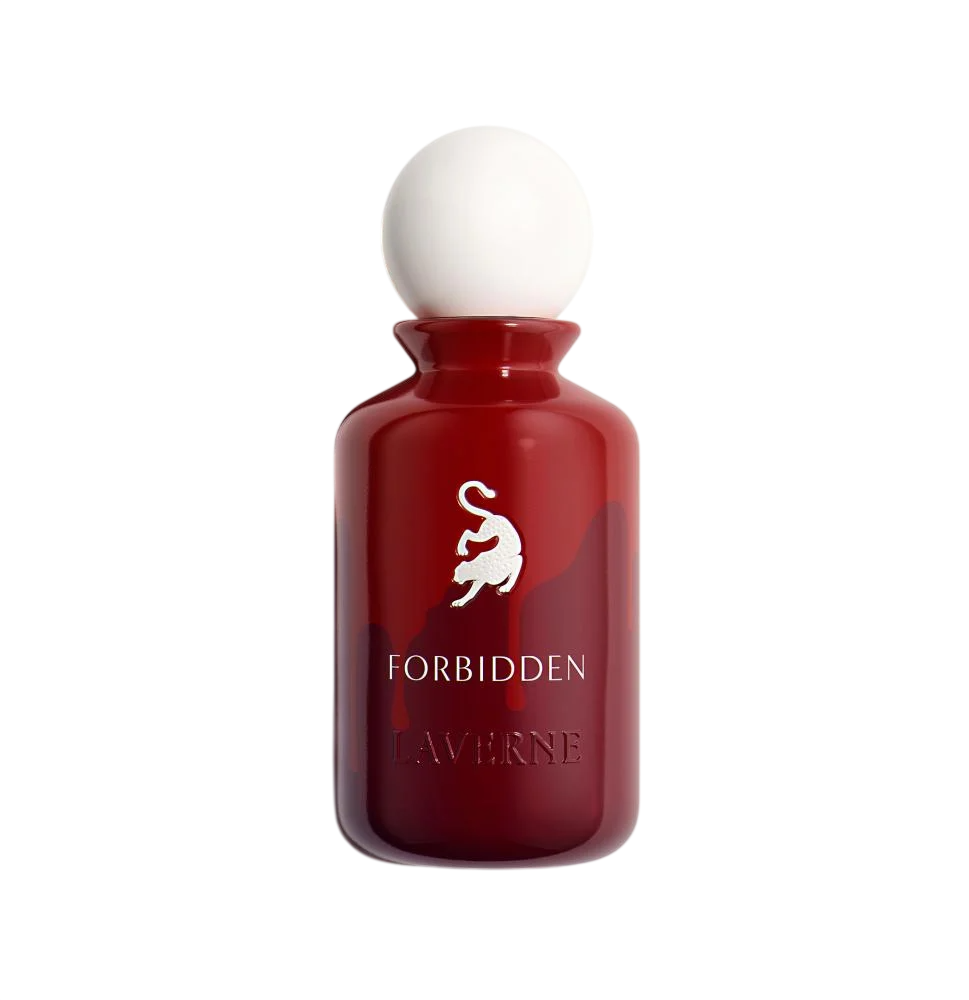 LaVerne Forbidden perfume bottle for women with black cherry and musk fragrance notes on a clean white background.