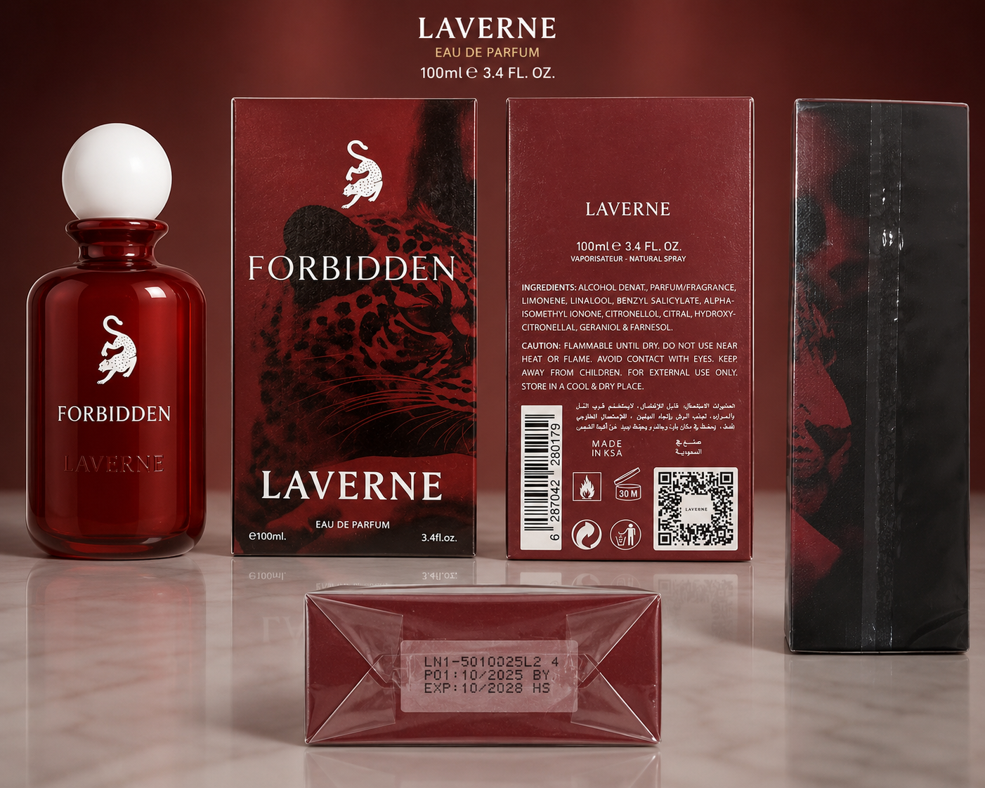 LaVerne Forbidden perfume packaging showing front, side and authenticity details for the 100ml Eau de Parfum.