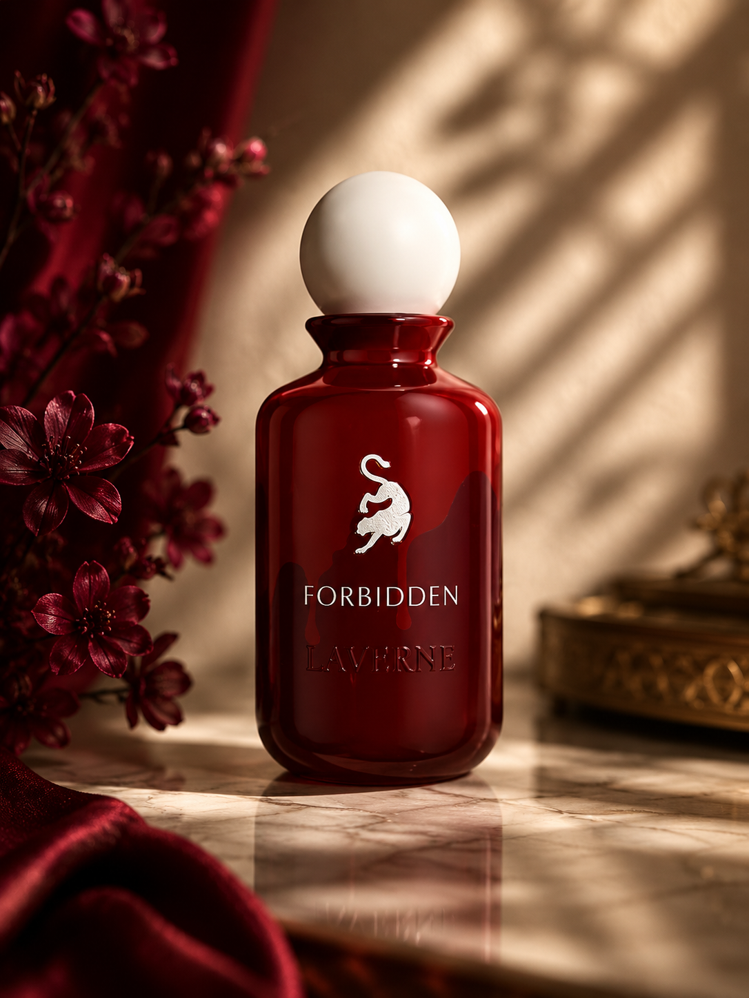 LaVerne Forbidden perfume for women with warm cherry gourmand notes in a luxury evening setting by MarySophora.