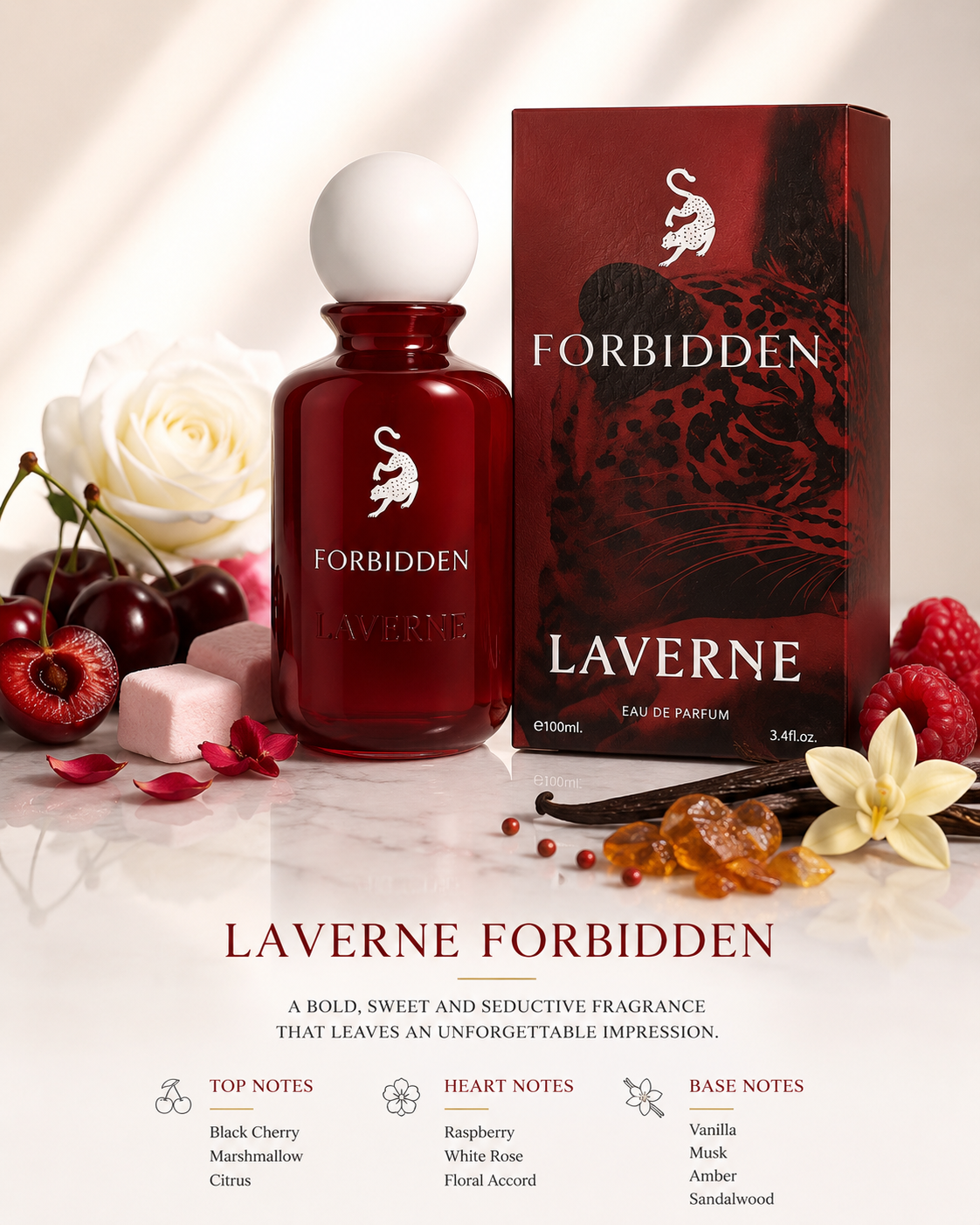 LaVerne Forbidden Eau de Parfum 100ml bottle and box presentation with black cherry gourmand fragrance notes.