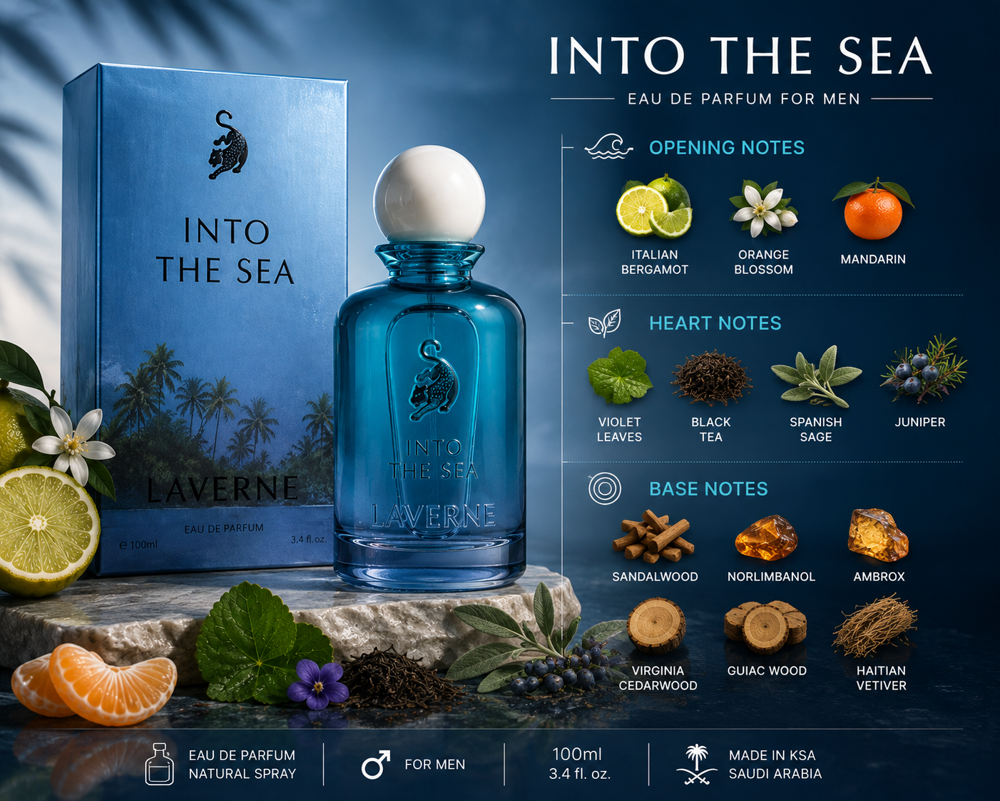 LaVerne Into The Sea 100ml perfume with citrus, aromatic and woody fragrance ingredients