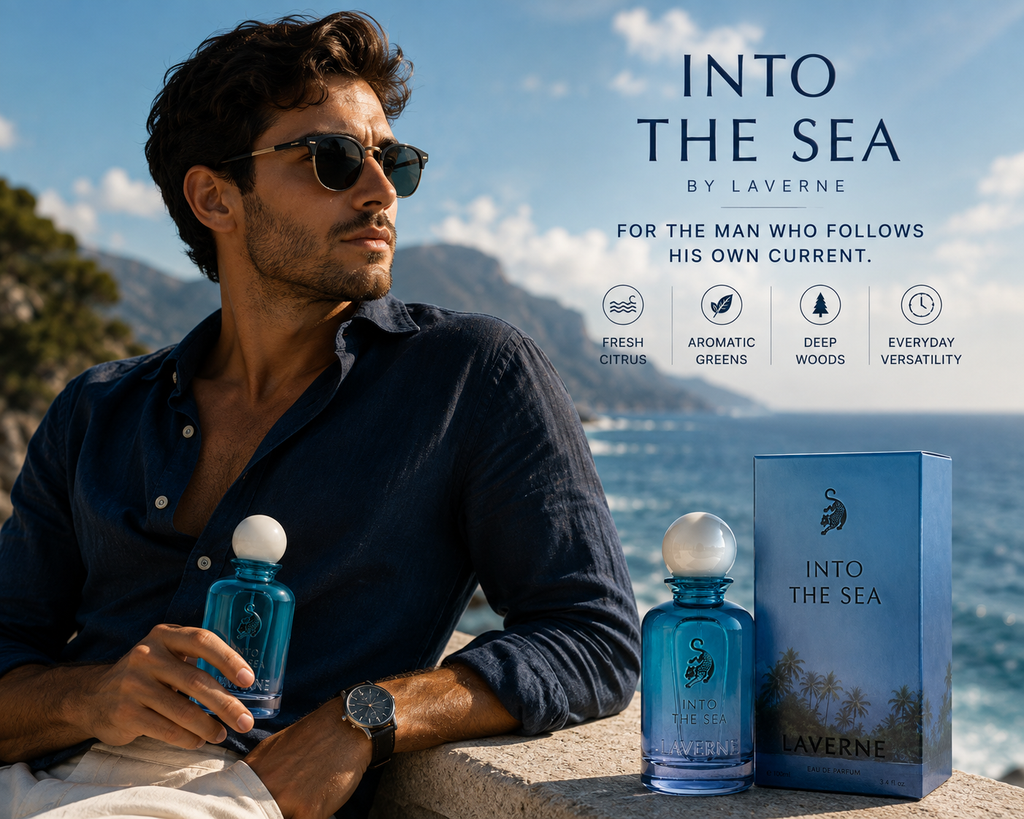 LaVerne Into The Sea men's Eau de Parfum in sophisticated seaside lifestyle setting