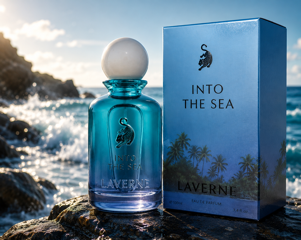 LaVerne Into The Sea 100ml men's perfume bottle and box in ocean-inspired seaside setting