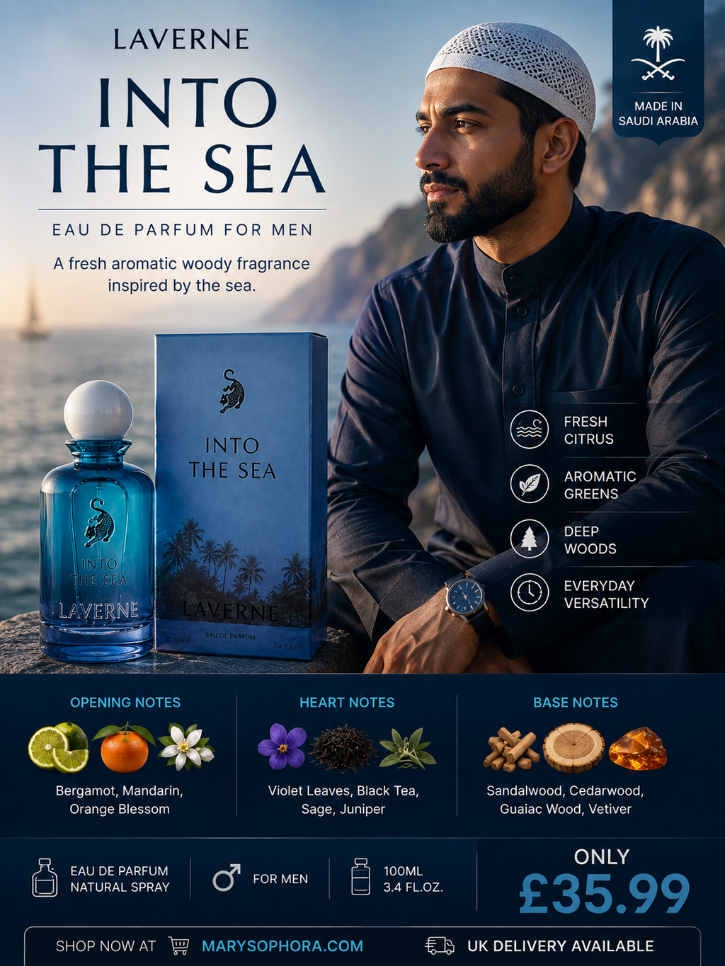 LaVerne Into The Sea Eau de Parfum for men 100ml fresh aromatic woody fragrance