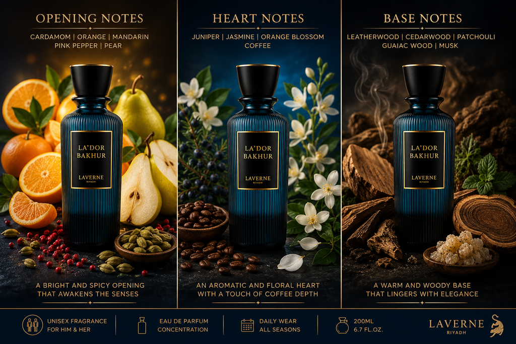 LaVerne La'Dor Bakhur fragrance notes showing opening, heart and woody musk base notes