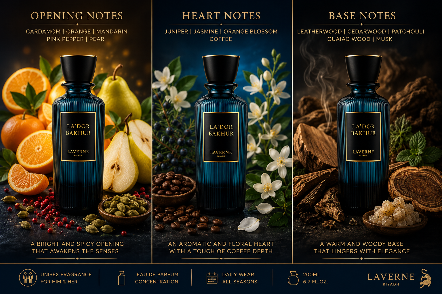 LaVerne La'Dor Bakhur fragrance notes showing opening, heart and woody musk base notes