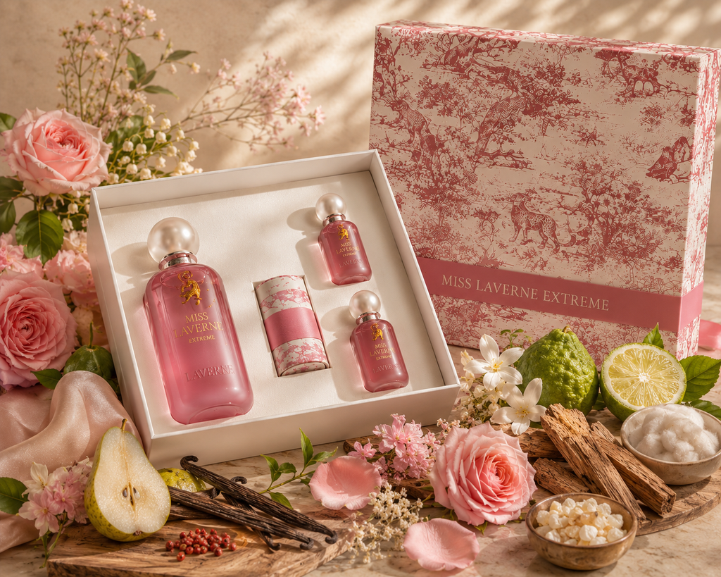 Miss Laverne Extreme luxury perfume gift set displayed with roses, petals and elegant feminine styling.