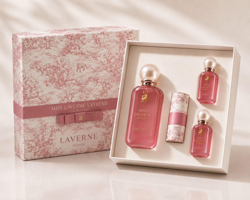 Miss Laverne Extreme perfume collection displayed in open luxury gift box with elegant pink packaging.