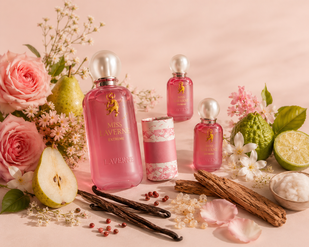 Miss Laverne Extreme perfume collection surrounded by pear, bergamot, rose, sandalwood and vanilla fragrance notes.