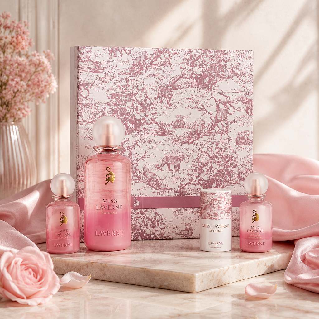 Miss Laverne Extreme luxury perfume gift set with floral pink packaging and full fragrance collection by Laverne Riyadh.