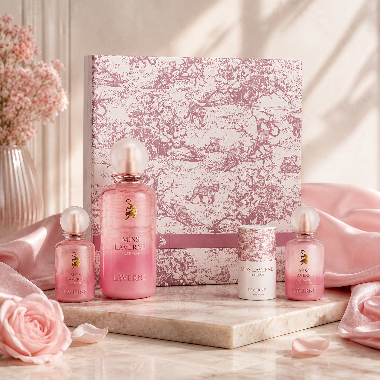 Miss Laverne Extreme luxury perfume gift set with floral pink packaging and full fragrance collection by Laverne Riyadh.
