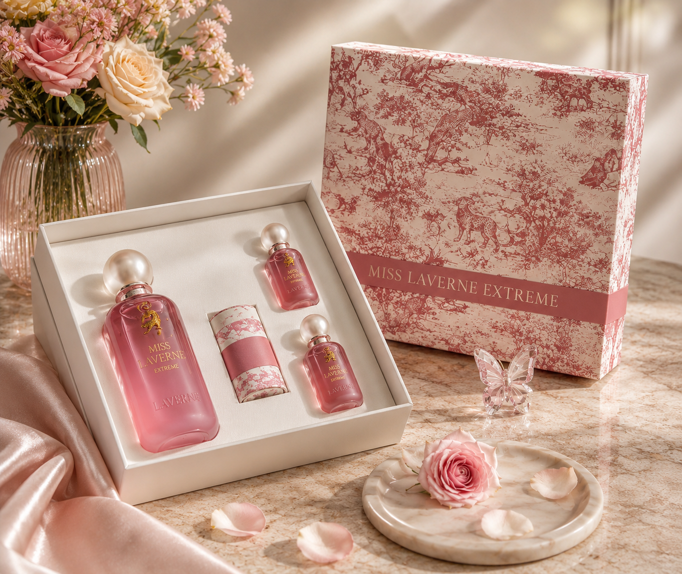 Miss Laverne Extreme luxury perfume collection with flowers, fruits and fragrance ingredients in feminine editorial scene.