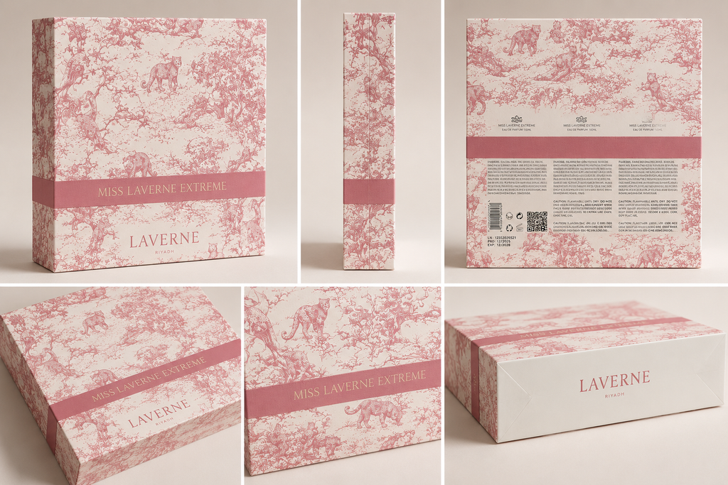 Miss Laverne Extreme luxury packaging collage showing front, side and rear gift box details.