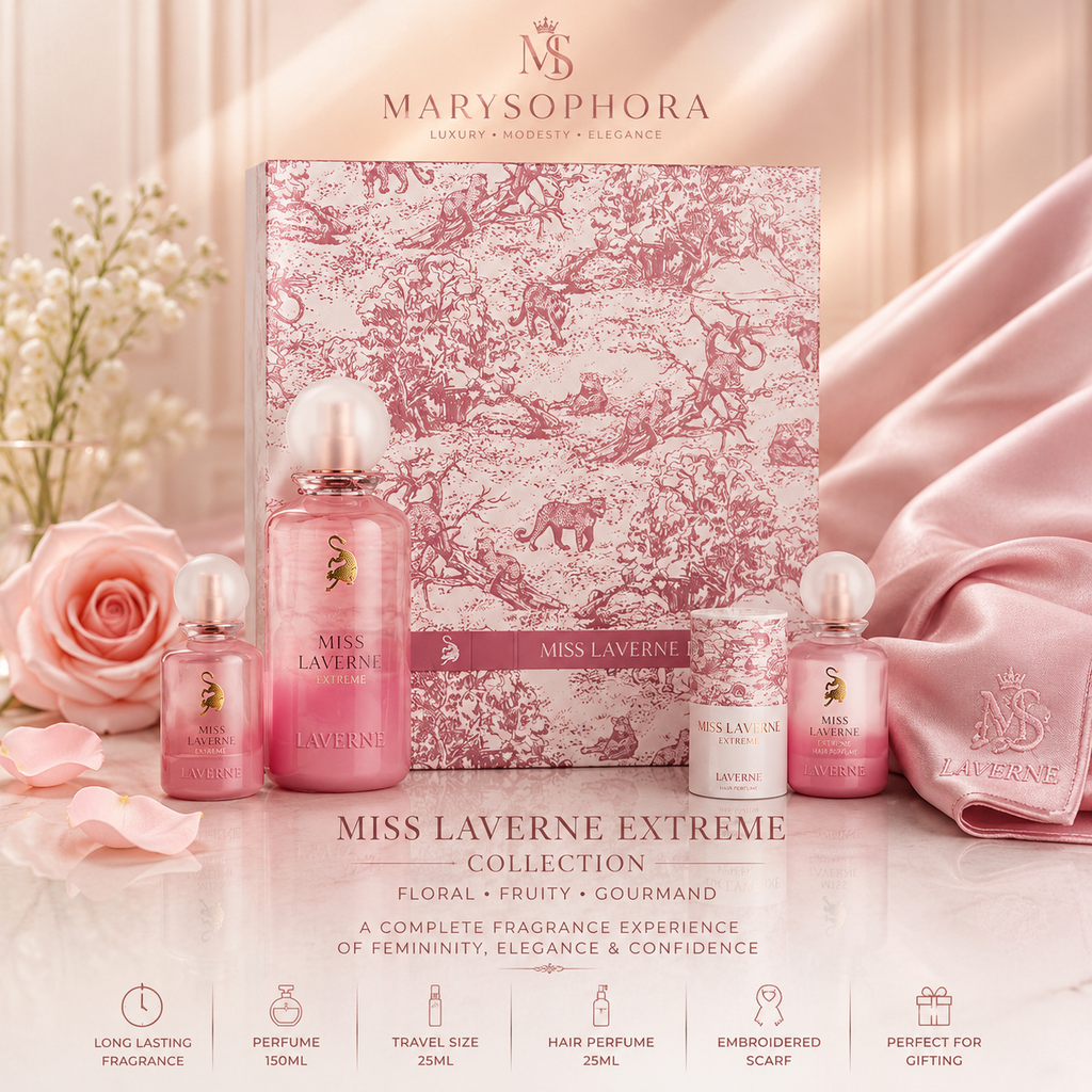 Miss Laverne Extreme perfume cylinder packaging with pink luxury ribbons and feminine floral styling.